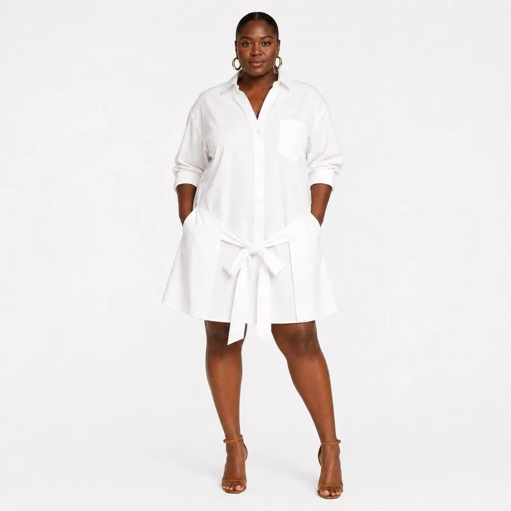 KBB by KAHLANA 'The Wrap Apron Shirt Dress' Women Size 2X White 100% Cotton NWT - Picture 1 of 9
